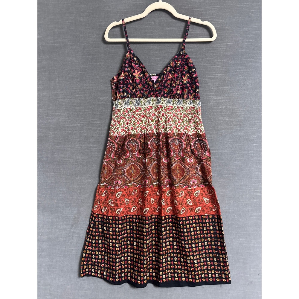 Vintage Shes Cool Dress S Brown Cotton Floral Smocked Boho Midi y2k Patchwork